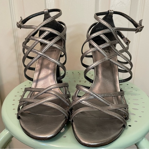 Silver Stuart Weitzman Strappy Heels Sandals 7 - Picture 2 of 9